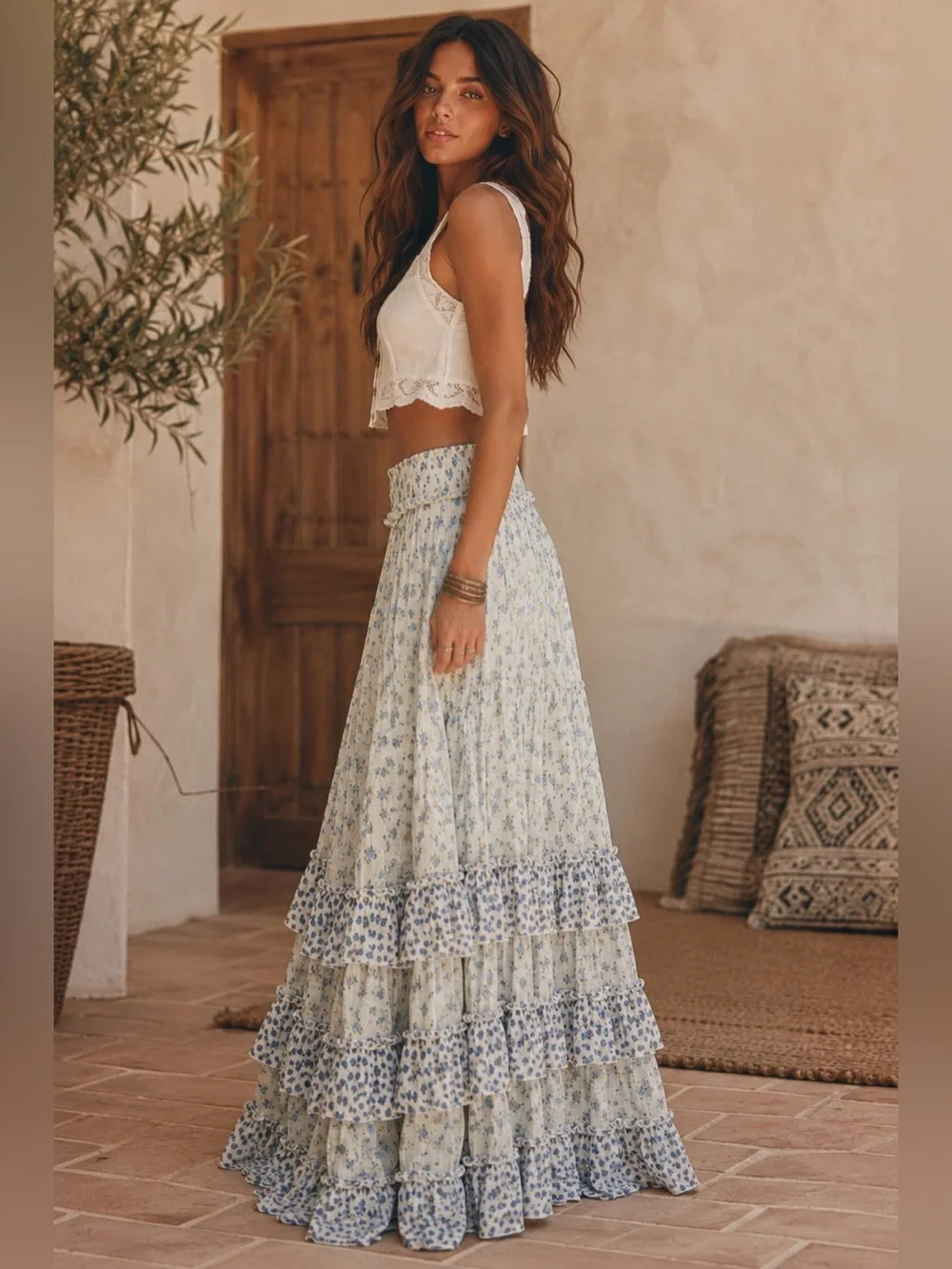 Free People Brynn Printed Ruffle Maxi Skirt | Ditsy Ivory Combo